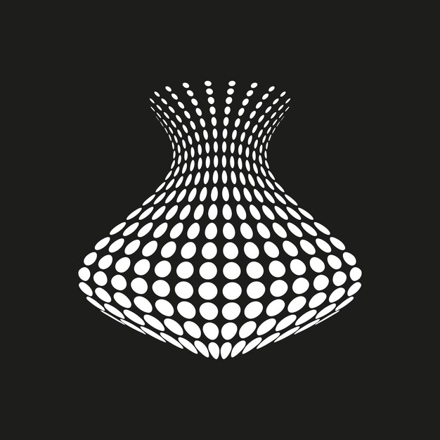 Figur in Form einer Vase, Illusion der Punktstruktur, gekrümmte Vektorform, schwarzes abstraktes Objekt