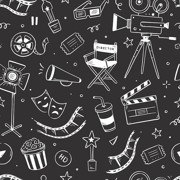 Film Kino Vektormuster Doodle handgezeichnete Skizze Stil Film nahtlose Muster Kinoelemente für Medienproduktion Festival Theater Hintergrund Vektor