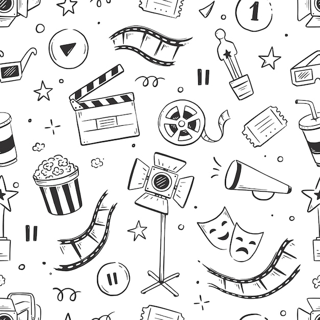 Film Kino Vektormuster Doodle handgezeichnete Skizze Stil Film nahtlose Muster Kinoelemente für Medienproduktion Festival Theater Hintergrund Vektor