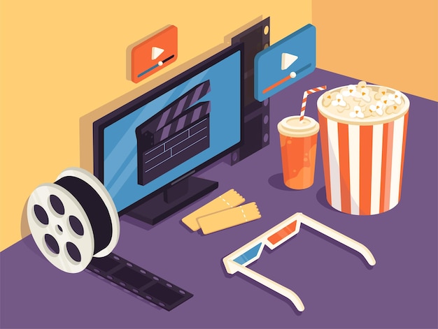 Filmelemente isometrisch eingestellt d Gläser in der Nähe von Filmbandtickets und Korb mit Soda Computermonitor