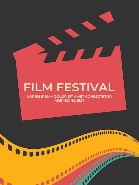 Filmfestival-Poster-Design mit Clapperboard-Silhouette und farbigen Filmstreifen