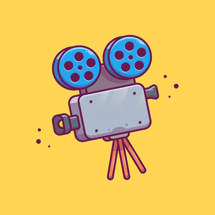 Vektor filmkamera mit filmrollenrolle symbol illustration. movie cinema icon concept isoliert. flacher cartoon-stil