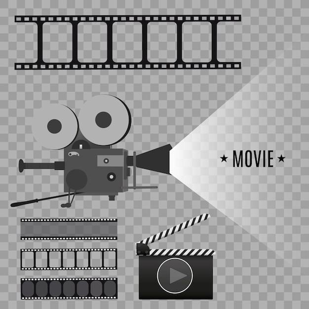Filmkamera, Vektorillustration. Installiert auf einem transparenten Hintergrund.Kinoausrüstung.