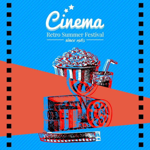 Filmkino-festivalplakat. vektorhintergrund mit handgezeichneten skizzenillustrationen