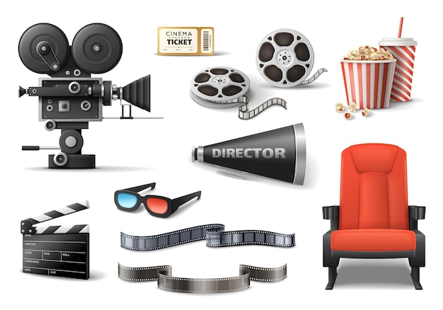 Filmkino-Set mit isolierten Symbolen von Rollenkamera-Klappgläsern und Sitz mit Popcorn-Vektorillustration