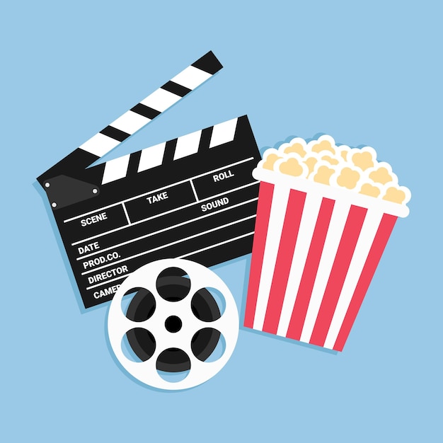 Filmpostervorlage Kino-Hintergrund mit einer Filmrolle, einem Popcorn-Eimer und einem Clapperboard