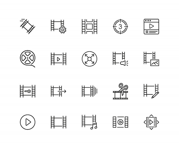 Filmstreifen-symbole. satz von zwanzig linie ikonen. filmrolle, schnitt, multimedia.