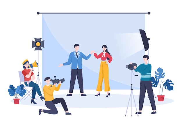Filmstudio mit Kamerateam-Teamleuten Directur beleuchtet Mikrofon am Szenenaufnahmeort für Filmaufnahmen in flacher Design-Hintergrundillustration