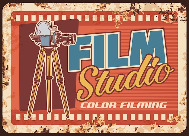 Vektor filmstudio mit rostiger metallplatte, kino oder film