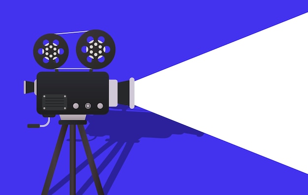 Filmvorführungsset-Symbol Vintage-Kamera projiziert weißes Licht auf lila Hintergrund Repräsentiert Kinoprojektion Film Medienkunst und Videokreation
