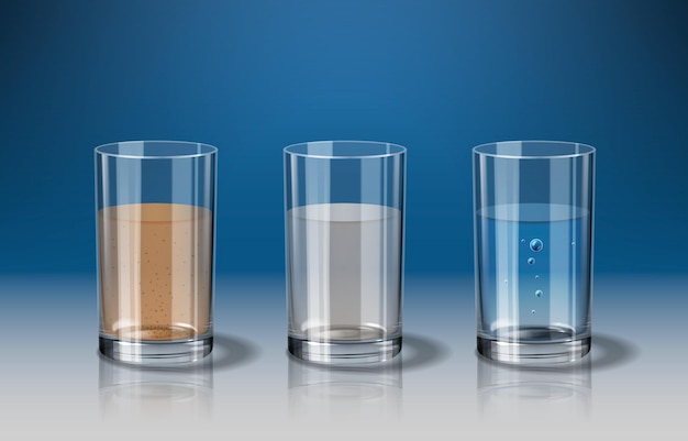 Vektor filtern sie realistisches konzept mit gläsern, die verschiedene wasserfiltrationsstufen enthalten, vektorgrafik