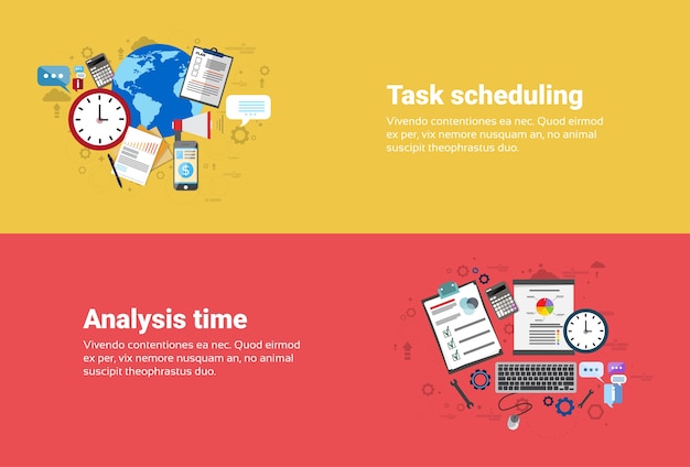 Finanzanalyse-zeitmanagement-planungs-geschäfts-netz-fahne flache vektorillustration