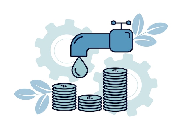 Vektor finanzen finanzdienstleistungen ressourcenfinanzierung illustration eines tropfens, der aus einem wasserhahn fällt, darunter stapel von münzen auf dem hintergrund von zahnrädern, zweigen mit blättern