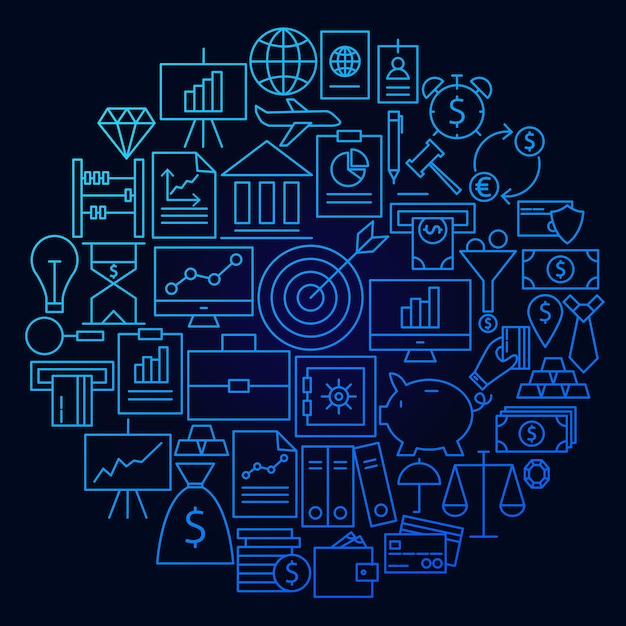 Finanzen Symbol Leitung Kreis Konzept. Vektor-Illustration von Geld- und Bankobjekten.