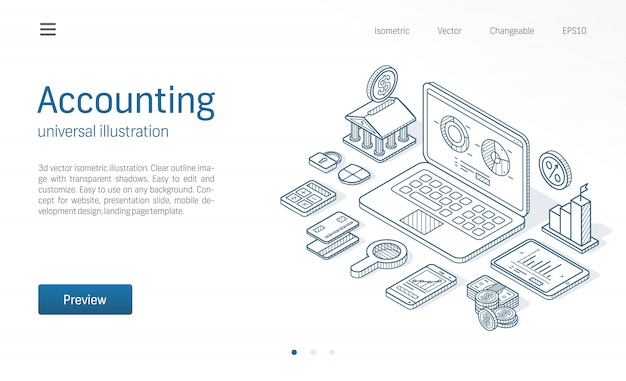 Finanzieren sie moderne isometrische linienillustration. gezeichnete symbole der geschäftsskizze des digitalen berichts. buchhaltung, steuern, marktanalyse, online-bankkonzept