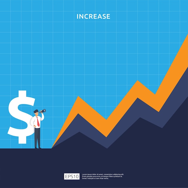 Finanzleistungskonzept. geschäftsgewinnsteigerung mit wachstumspfeil und menschencharakter. einkommensgehaltsrate erhöhen die margeneinnahmen mit dem dollarsymbol. return on investment roi-vektorillustration