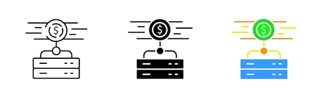 Finanzserver ewallet Analysedatenbank Datenserver Cloud-Speicher Geld Dollarschein Münze Vektor-Symbol im schwarzen und farbenfrohen Linienstil auf weißem Hintergrund