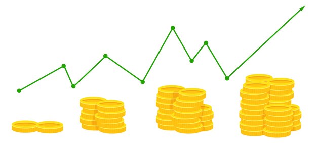 Finanzstatistik gelddiagramm mit linearer grafik und münzstapel