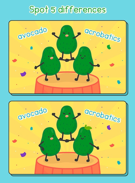 Vektor finde das unterschiedspiel über drei avocados, mache eine pyramide von akrobatenübungen, blatt kawaii doodle