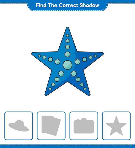 Finde den richtigen schatten. finde und kombiniere den richtigen schatten von starfish. pädagogisches kinderspiel, druckbares arbeitsblatt, vektorillustration
