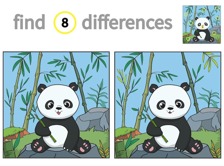 Finde Unterschiede Lernspiel für Kinder Vektorillustration des niedlichen Pandas im Wald