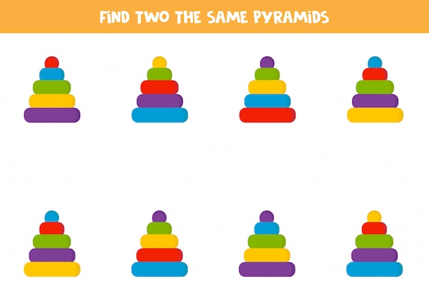 Finde zwei identische spielzeugpyramiden. logisches arbeitsblatt für kinder.