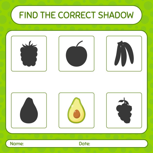 Finden Sie das richtige Schattenspiel mit Avocado. Arbeitsblatt für Kinder im Vorschulalter, Aktivitätsblatt für Kinder