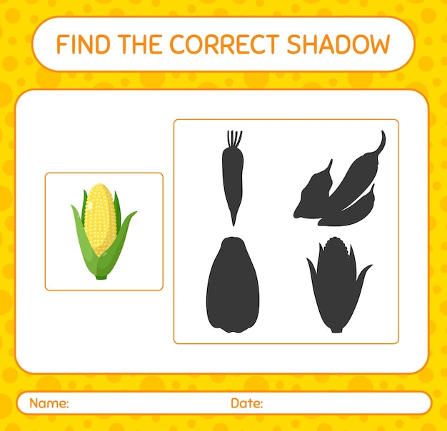 Finden Sie das richtige Schattenspiel mit Mais. arbeitsblatt für vorschulkinder, kinderaktivitätsblatt