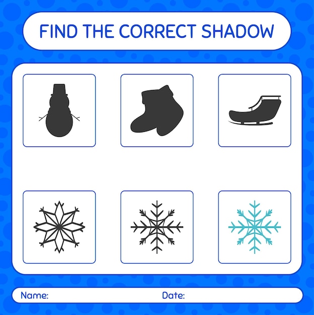 Finden sie das richtige schattenspiel mit schneeflocke. arbeitsblatt für kinder im vorschulalter, aktivitätsblatt für kinder