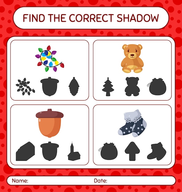 Finden sie das richtige schattenspiel mit weihnachtssymbol. arbeitsblatt für kinder im vorschulalter, aktivitätsblatt für kinder