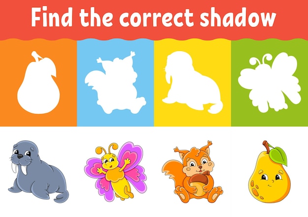 Finden sie den richtigen schatten bildungsarbeitsblatt passendes spiel für kinder farbaktivitätsseite puzzle für kinder zeichentrickfigur vektorillustration