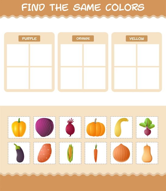 Finden sie die gleichen farben von gemüse. such- und zuordnungsspiel. lernspiel für kinder und kleinkinder im vorschulalter