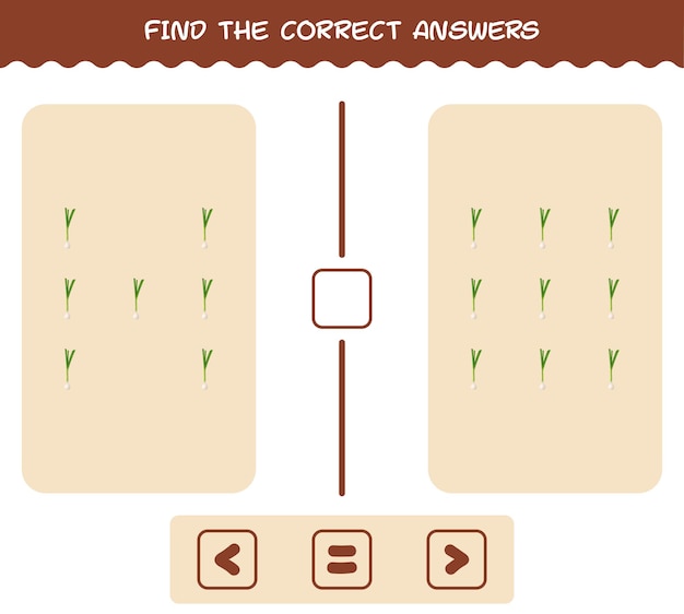 Finden sie die richtigen antworten von cartoon-frühlingszwiebeln. such- und zählspiel. lernspiel für kinder und kleinkinder im vorschulalter
