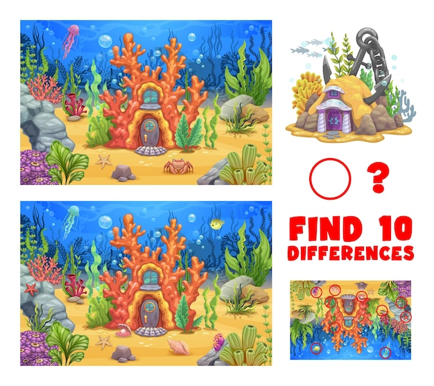 Finden Sie zehn Unterschiede im Unterwasserlandschaftsspiel