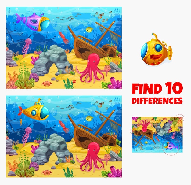 Finden Sie zehn Unterschiede in der Unterwasserlandschaft des Meeres