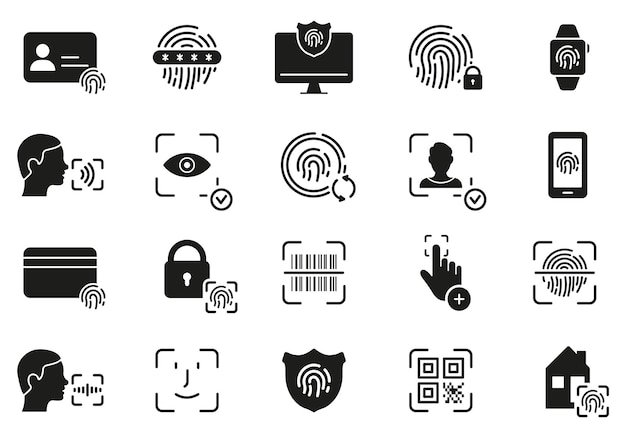 Vektor fingerabdruck gesichtsidentität passwort icon set touch-id gesichts-id biometrische identifikationssymbol