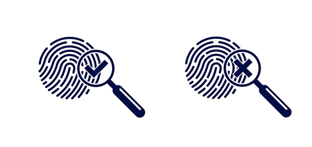 Fingerabdruck mit lupenvektor, einfaches logo oder symbol, inkognito-mann-konzept, nicht identifizierte person, personensuche, biometrische identifizierung.