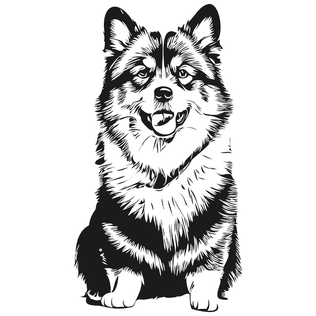 Finnischer lapphund hund bleistift handzeichnung vektor umriss illustration haustier gesicht logo schwarz und weiß realistische rasse haustier