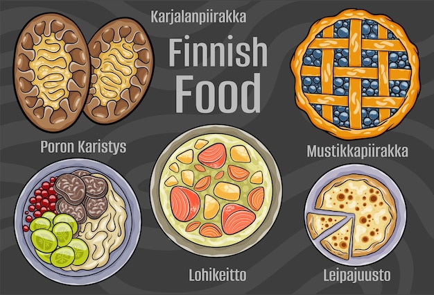 Finnisches Essen Eine Reihe klassischer Gerichte Cartoon handgezeichnete Illustration