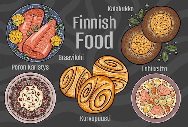 Finnisches Essen Eine Reihe klassischer Gerichte Cartoon handgezeichnete Illustration