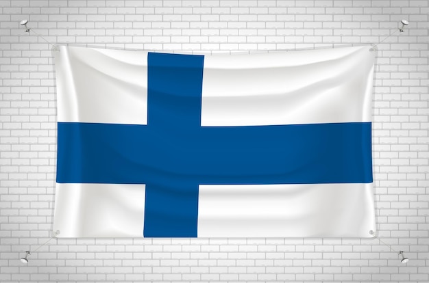 Vektor finnland-flagge hängt an der ziegelwand. 3d-zeichnung. fahne an der wand befestigt. ordentlich in gruppen zeichnen