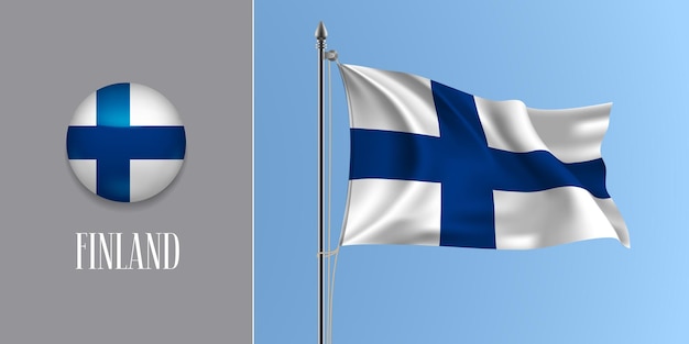 Finnland weht flagge auf fahnenmast und rundem symbol. realistische 3d des weißen blauen kreuzes beenden flagge und kreisknopf