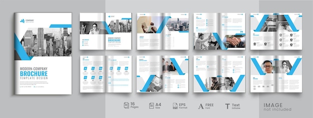 Vektor firmenprofile layout-design für mehrseitige geschäftsbroschüren mit zweifacher faltung, 16-seitige broschüre.