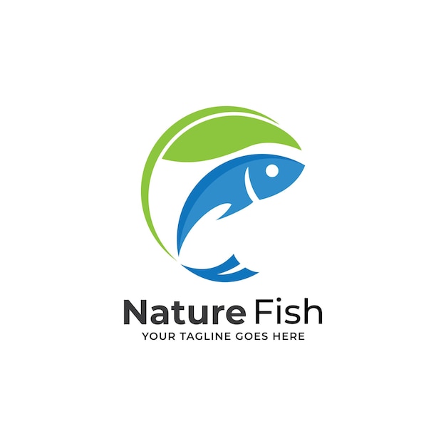 Fisch-blatt-logo fisch- und blatt-kombinationslogo mit 3d-farbstil in blau und grün