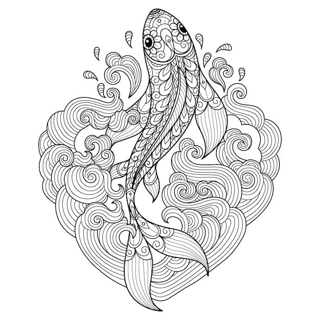 Fisch in den Herzwellen. Hand gezeichnete Skizzenillustration für Erwachsenenmalbuch.