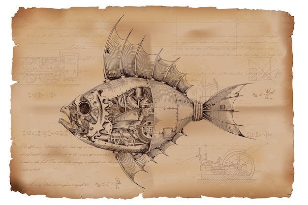 Vektor fisch mit einem metallkörper auf mechanischer steuerung im steampunk-stil auf dem hintergrund des alten zerknitterten papiers mit zeichnungen, formeln und technischen anmerkungen.
