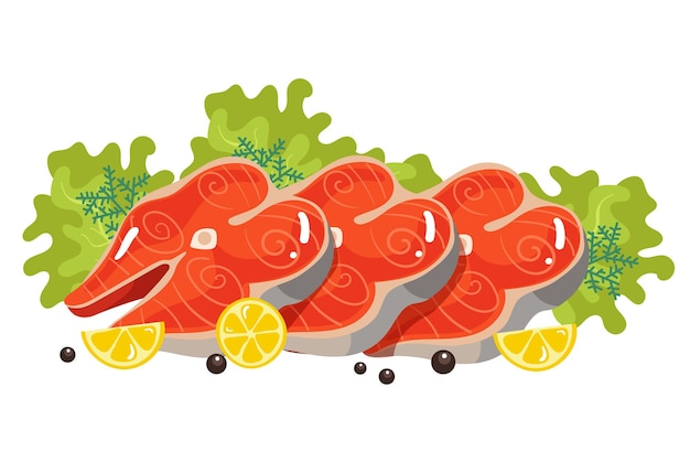 Fisch, Thunfisch, Lachs, gekochtes Gericht, Abendessen, Konzept, flache Grafikdesign-Illustration
