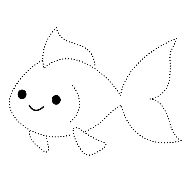 Vektor fische, haustiere, wassertiere, gepunktete linie, übung, zeichnen, cartoon-doodle, kawaii-anime-malseite