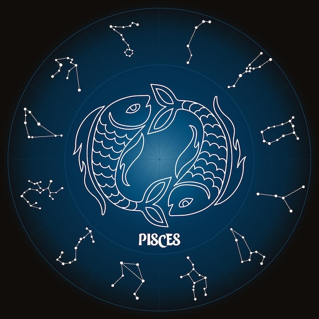Vektor fische sternzeichen im astrologischen kreis mit sternbildern, horoskop. blau und weiß