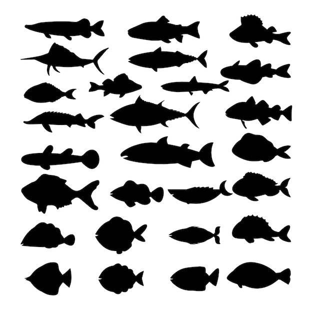 Fischen Sie schwarze und weiße Silhouetten von Meerestieren